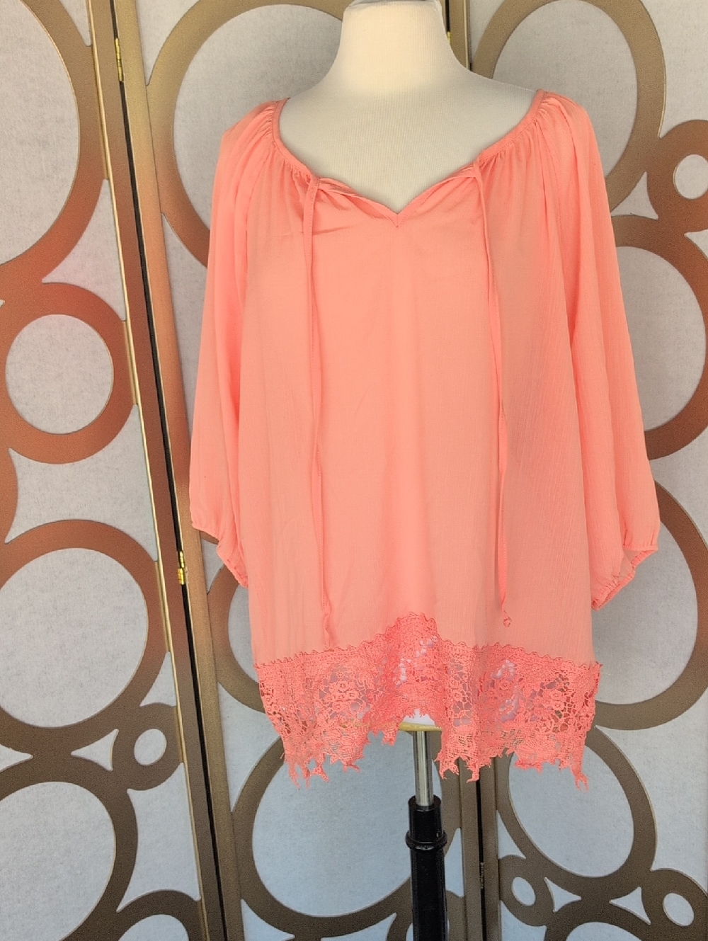 Women's Coral Lace-Hem Peasant Top